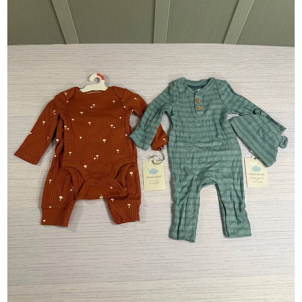Cloud Island Baby Newborn 0M Romper Bodysuit Pants Hat Orange Teal 4pc Bundle